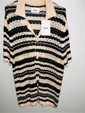NN.07 Men's Short-Sleeve Openwork Button Cardigan in Black and Cream